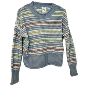 Hippie Rose Crop Pullover Sweater Blue Matcha Combo Stripe Knit Comfy Sz Medium
